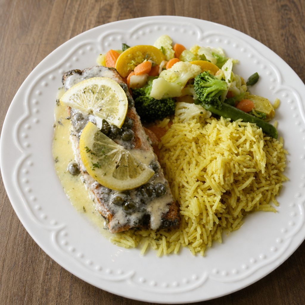 Grilled Garlie Salmon with Lemon Capers.